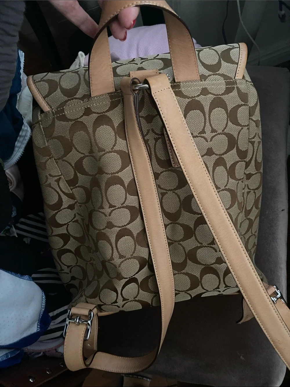 Coach Brown Signature Canvas Backpack with Tan Leather Trim